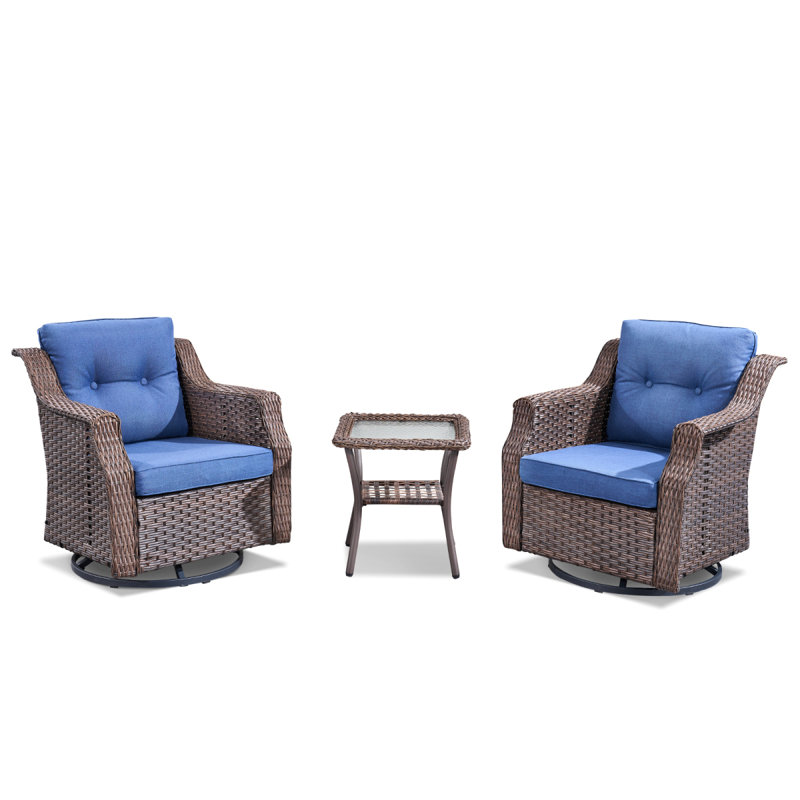 Ensemble de conversation à bascule pivotant en osier pour 2 personnes avec table d'appoint et coussins