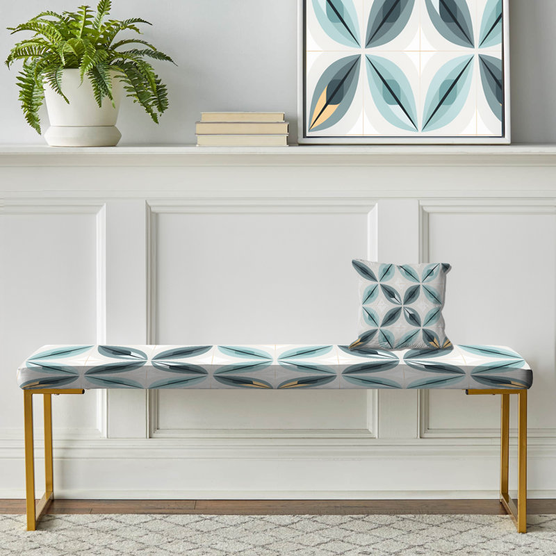 Damask Upholstered Gold Bench, Subdued Symmetry