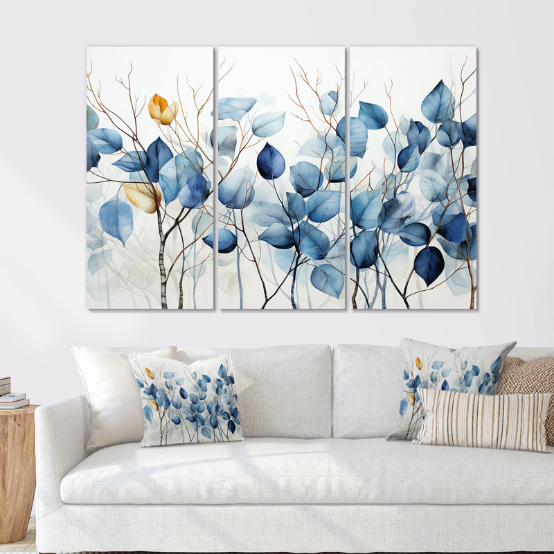 Blue And Grey Leave On Branch II - Leaves Wall Art Set, Wrapped Canvas, 40" H x 60" W x 1" D