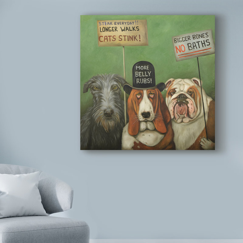 « dogs on strike », reproduction de peinture à l’acrylique sur toile tendue, H 18 po x l 18 po x P 2 po
