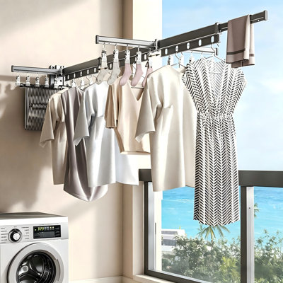 Wall Mounted Clothes Hanger, Clothes Drying Rack, Clothes Rack, Laundry Rack,retractable Collapsible Drying Rack Clothing With Windproof Holes And Clips, Grey