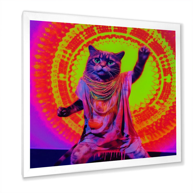 Chat Rave en néon rose - imprimé, Cadre simple blanc, H 30 po x l 30 po x P 1 po