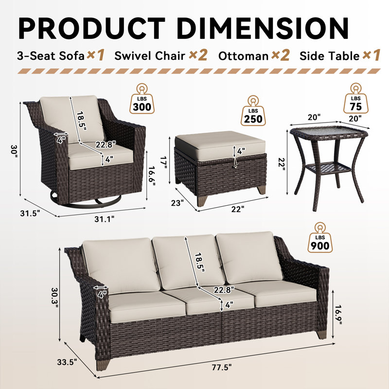 6-Piece Wicker Outdoor Sofa Set – Swivel Chairs & Hidden Storage Ottomans, Beige
