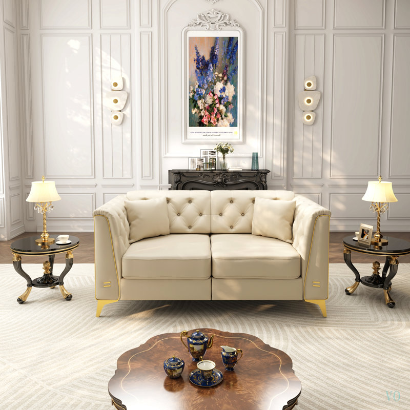 Canapé Chesterfield modulaire 2 places de luxe de 157 cm (61,8 po), canapé en similicuir avec capitonnage à boutons fait main, accoudoirs à garniture métallique et pieds fins en métal, comprend 2 coussins pour salon, appartement