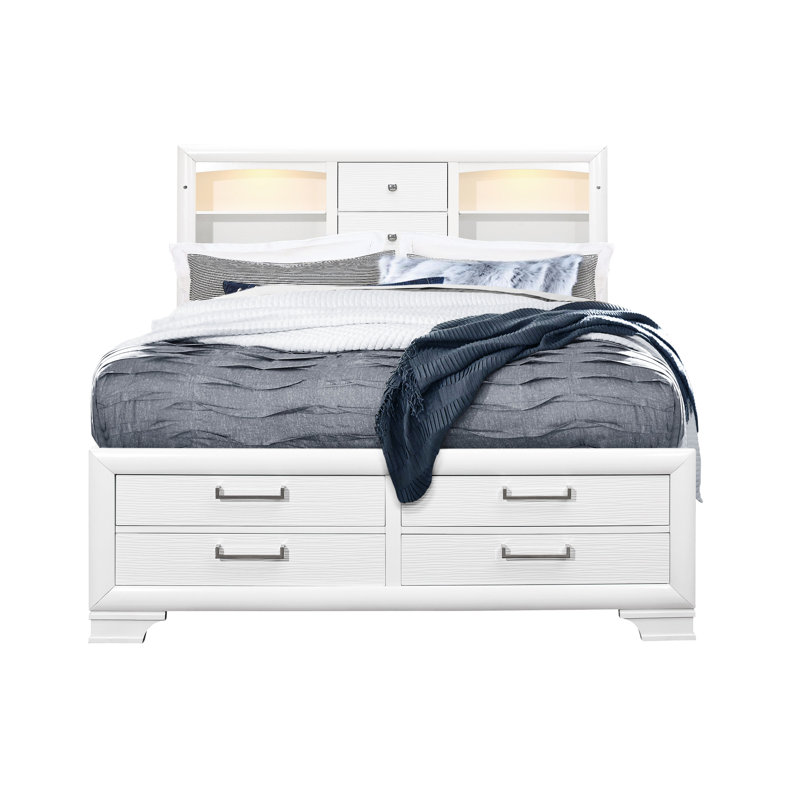 White King Bed With Storage And Lit Headboard, Bookcase Design, Solid Wood , No Box Spring, Modern Bedroom Decor, White, King