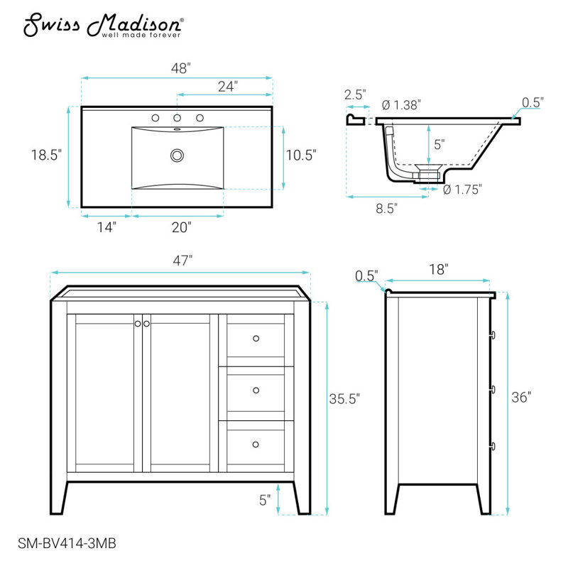 Meuble-lavabo blanc 48 po avec plateau en céramique à 3 trous Swiss Madison Cannes, Évier noir, 3 trous