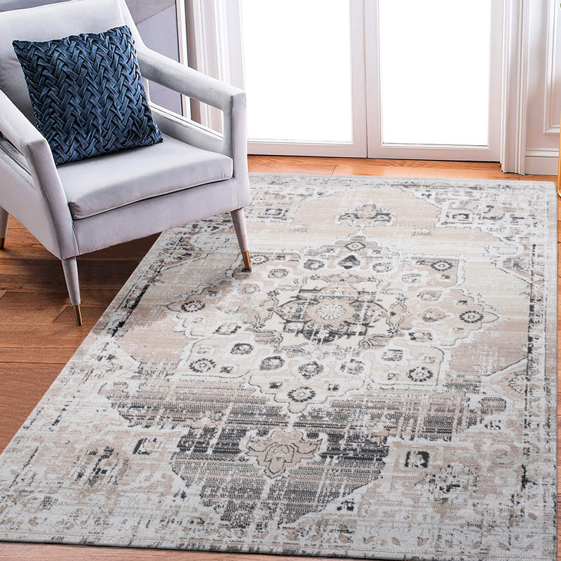 Stylish Cream/Beige Medallion 5X7 Area Rug, Non-Shedding, Stain , Decorates Various Rooms In House Stain-, Improves Multiple Home Settings