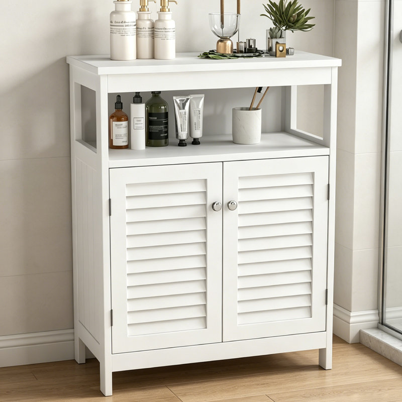 Armoire de salle de bain autoportante, armoire de rangement au sol, armoire de rangement de salle de bain blanche avec portes à volets amovibles