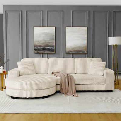 Corduroy Tufted Upholstered Sleeper Sectional Sofa, L-Shaped Modular Convertible Sofa ,The arc-shaped footstool can be placed freely on the left and right-Beige
