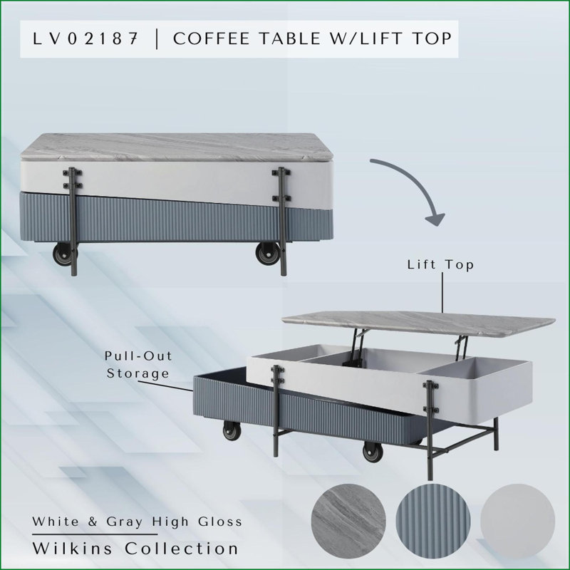 Table basse à plateau relevable gris et blanc avec rangement dissimulé pour le salon