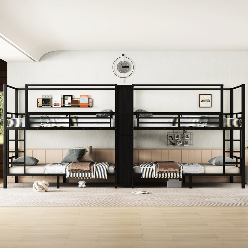 Lit simple superposé en métal noir, rangement intégré, esthétique moderne et fonctionnement silencieux, lit quadruple, noir, avec placard, rails, conception à réduction de bruit