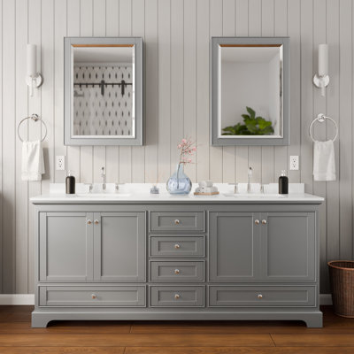 Deborah 80 Inch Double Bathroom Vanity in Dark Gray, White Cultured Marble Countertop, Undermount Square Sinks (3-Hole), Polished Chrome Trim, Medicine Cabinets