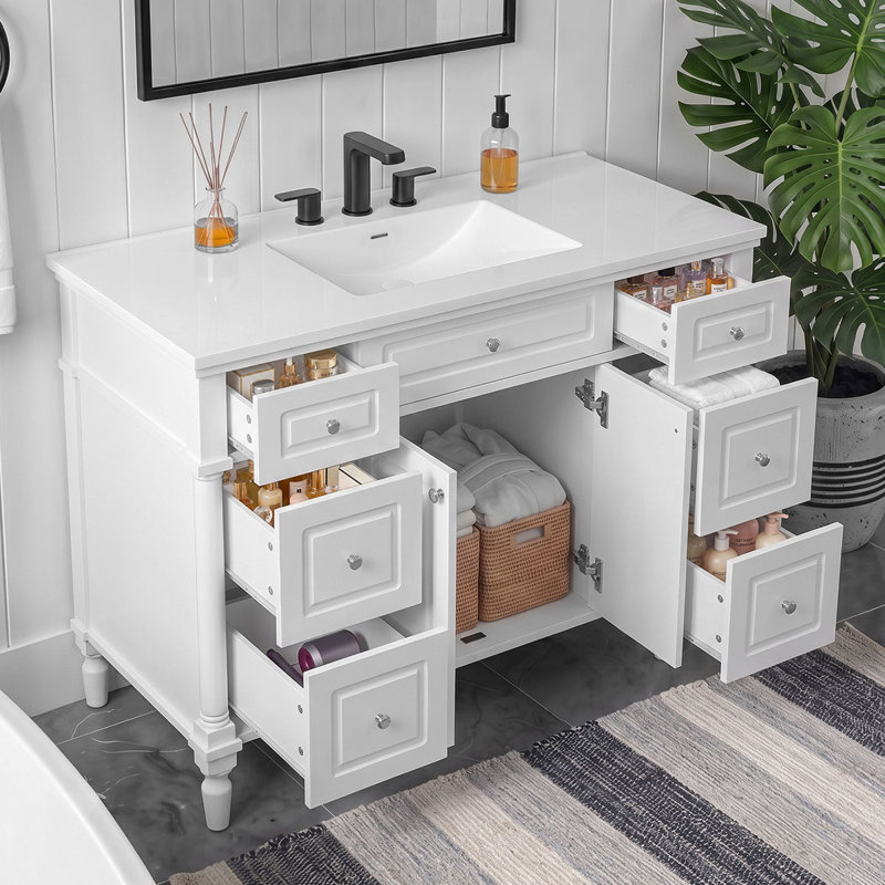 Freestanding Standard Free Standing Single Double Single Vanity Bathroom Vanity With Resin Top, White