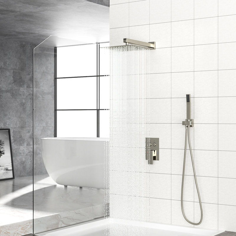 Douche carrée 10 pouces avec double tête - Finition nickel brossé, soupape équilibrée, pluie et têtes murales portatives carrées, nickel, douchette