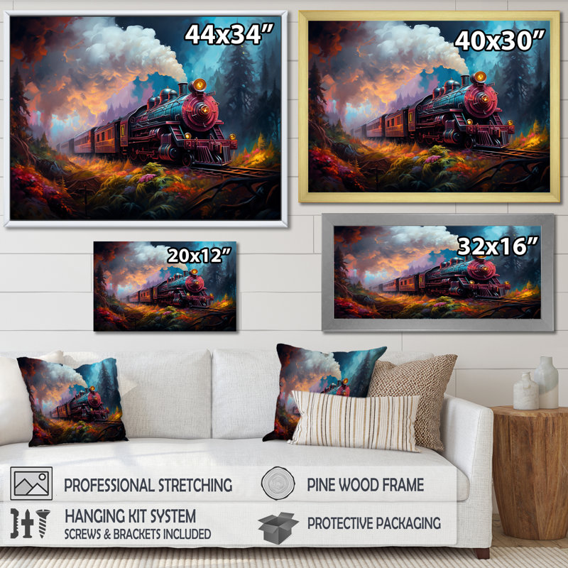 "Steamtrain Travelling In The Sunset", reproduction d'art sur toile, 24" H x 32" W, Cadre naturel flottant