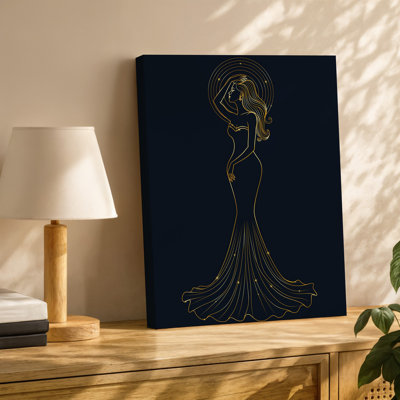 Toile, "Graceful Silhouette of a Woman in a Elegant Flowing", art mural, robe réalisée à partir de lignes dorées chatoyantes qui évoquent un sens, art mural