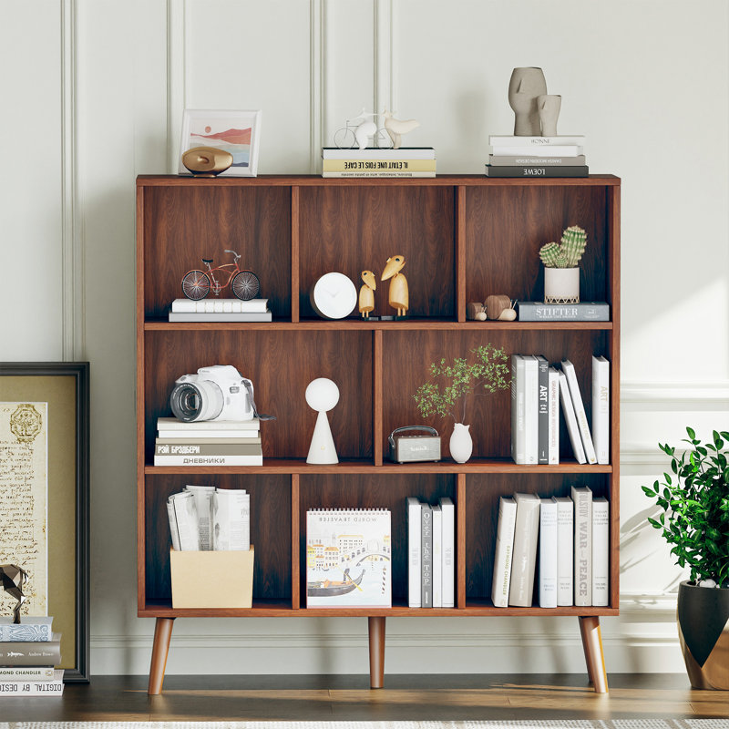 Jaen Solid and Manufactured Wood Cube Bookcase, Columbia Walnut, (8 Shelves) 42.5" H x 47.2" W x 9.4" D