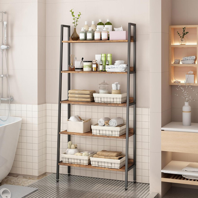 Bibliothèque à 5 niveaux, étagère à livres étroite pour bureau personnel, rangement brun rustique