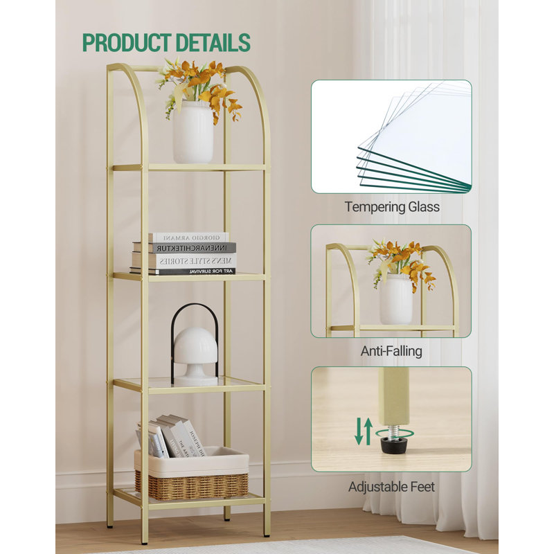 4-Tier Bookcase Bookshelf,Gold Finish Arched Glass Bookcase