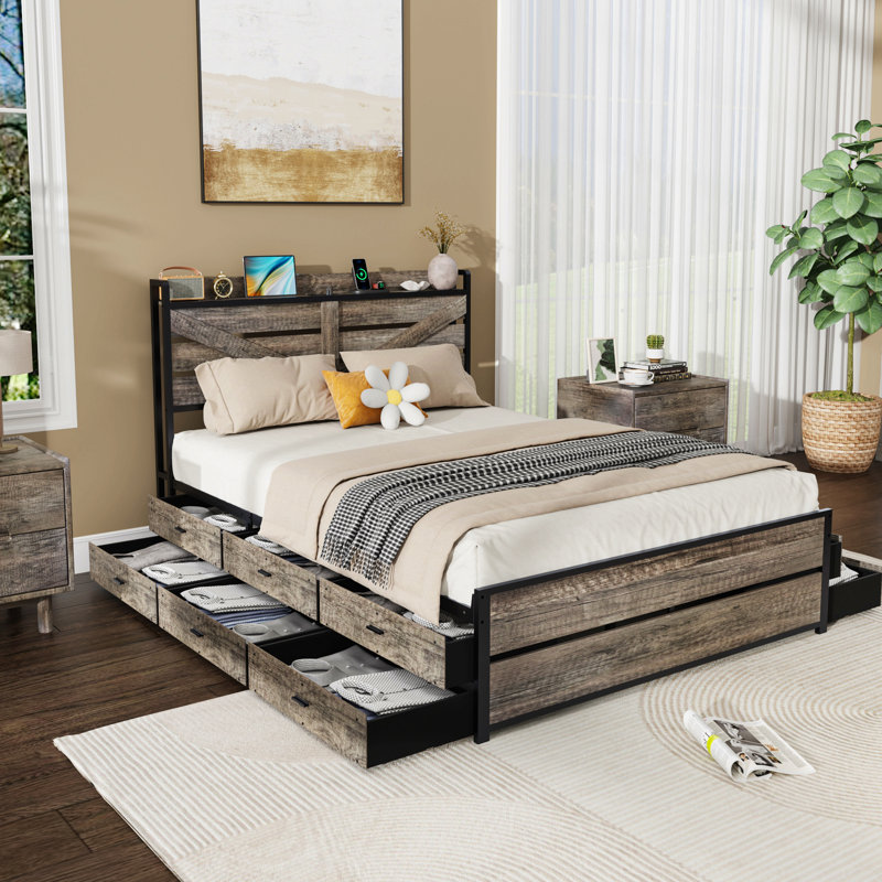Bed Frame with Storage Headboard and 12 Drawers LED Lights, Queen