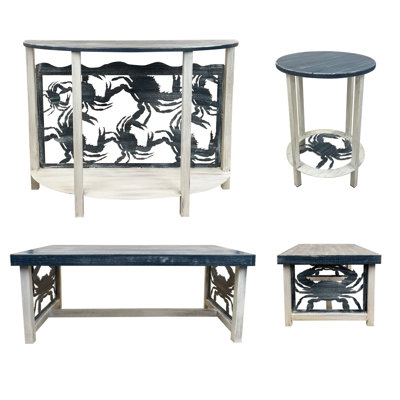 Ensemble de chalet style chalet en crabe / bleu marine: 1 table basse, 1 canapé, 2 tables de bout rondes