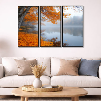 «Autumn River», art mural sur toile Misty Forest - Foggy Fall Riverbank, ensemble de 3 toiles encadrées