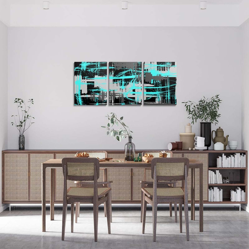 3 Piece Wrapped Canvas Wall Art, Teal/Black