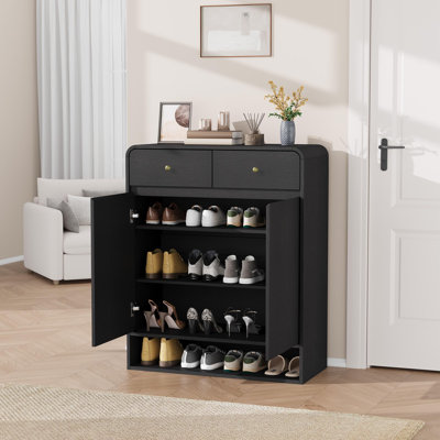 Slim Shoe Storage Cabinet 31.5" – Adjustable Shelves, 2 Drawers, Bottom Shelf – Freestanding Wooden Organizer for Entryway or Hallway