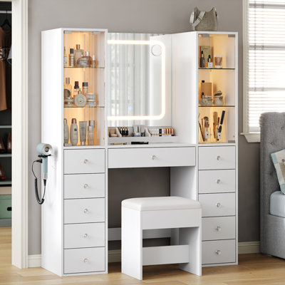 11 Drawers Makeup Vanity With Charging Station, Vanity Desk With LED Mirror & 2 Glass Cabinet, 3 Color Modes, Brightness Adjustable, Vanity Set With Glass Top , Makeup Table With Chair For Bedroom
