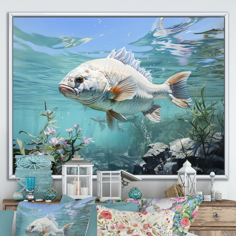 " Fishing Serenity Seas I ", White Floater Framed, 34" H x 44" W x 1.5" D