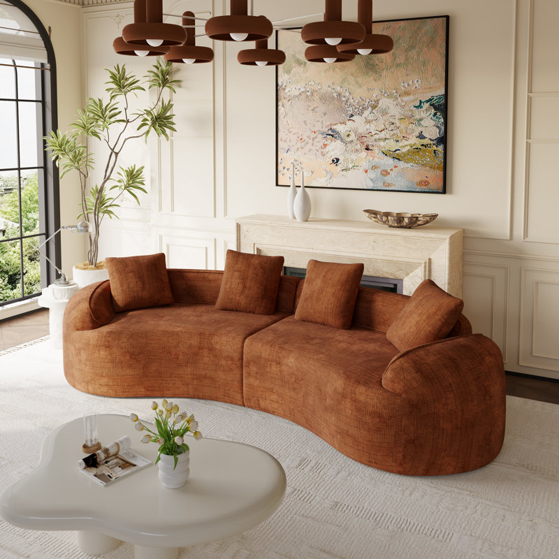 2-Piece Curved Compressed Boneless Sectional Sofa, Symmetrical Modular Design, Orange Chenille