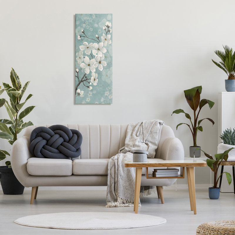 Fleurs de cerisier sur toile verte, design par Janet Tava, H 40 po x l 17 po