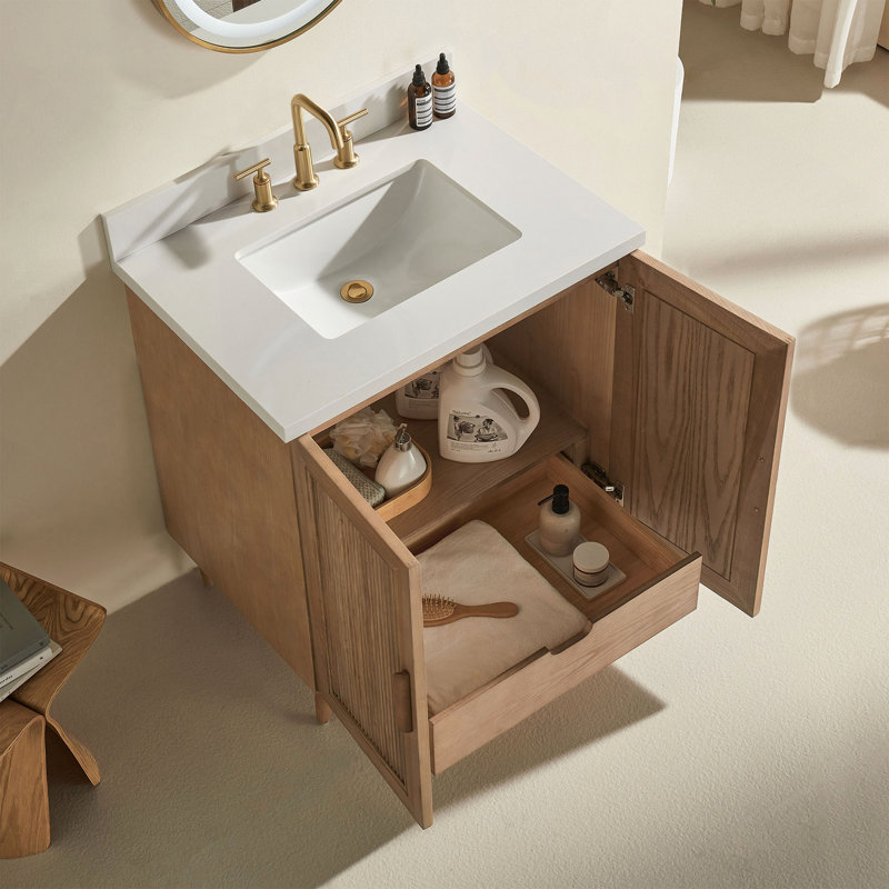Meuble-lavabo de salle de bain autoportant 30 po entièrement assemblé en bois massif avec plateau blanc d'ingénierie entièrement assemblé