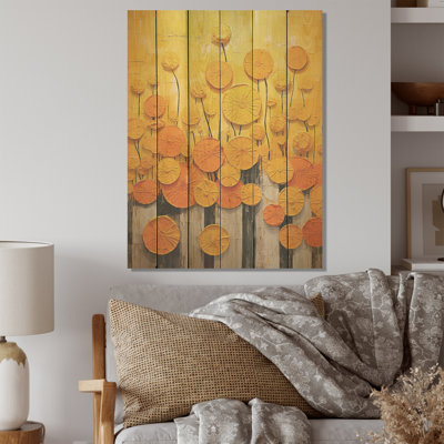 Fleurs jaunes, poterie, jardin I - Boho Pottery Wood, art mural sur bois de pin naturel