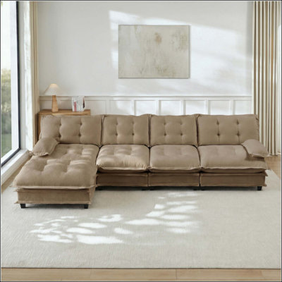 Canapé modulaire en L modulaire en forme de L avec repose-pieds, canapé à 4 places en chenille profonde avec coussin en treillis confortable, chambre et appartement