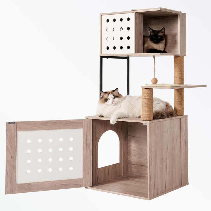 Arbre à chat avec bac à litière, grand hamac, station d'alimentation et poteaux à griffer