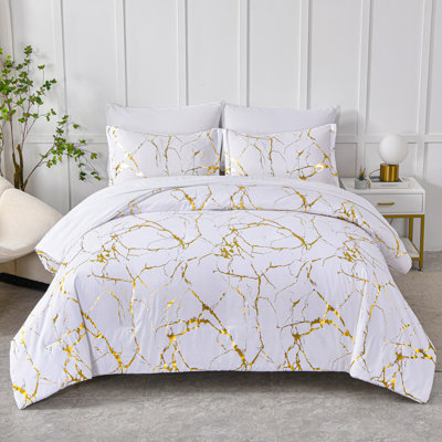 Queen Size Metallic Marble Comforter Set with Sheets,7-Piece Bed in a Bag Luxe Gold Foil Print Bedding Sets