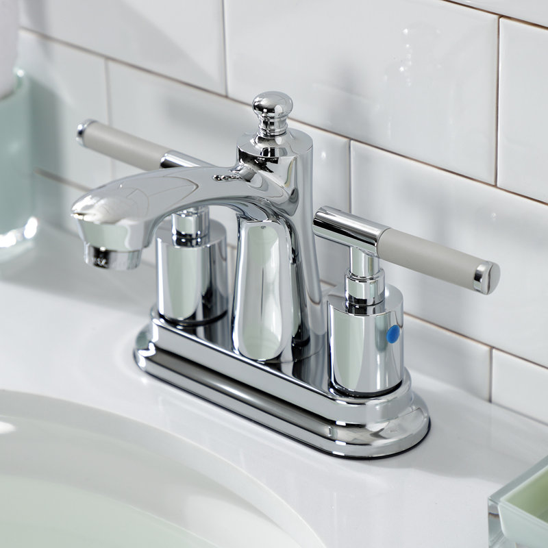 Kingston Brass Kaiser Two-Handle 3-Hole Deck Mount 4" Centerset Bathroom Faucet with Plastic Pop-Up, Polished Chrome