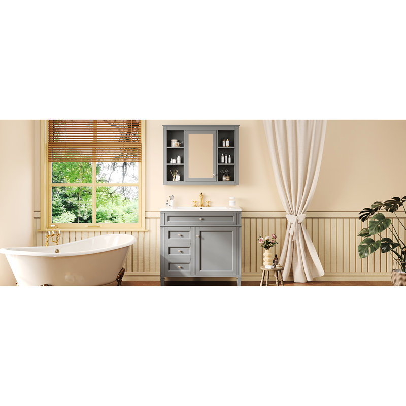 Meuble-lavabo simple 36 po avec armoire à miroir, 3 tiroirs, diverses fonctions de rangement, lavabo à tablettes réglables gris, bois massif et 2 tiroirs, tablette rectangulaire, tiroir en métal lisse
