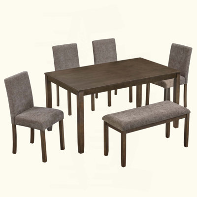 6-Piece Dining Table Set with Bench and Chairs, Wooden dining table set for 6 people, Farmhouse Rustic Style 6 Person Dining Table Set for Dining Room