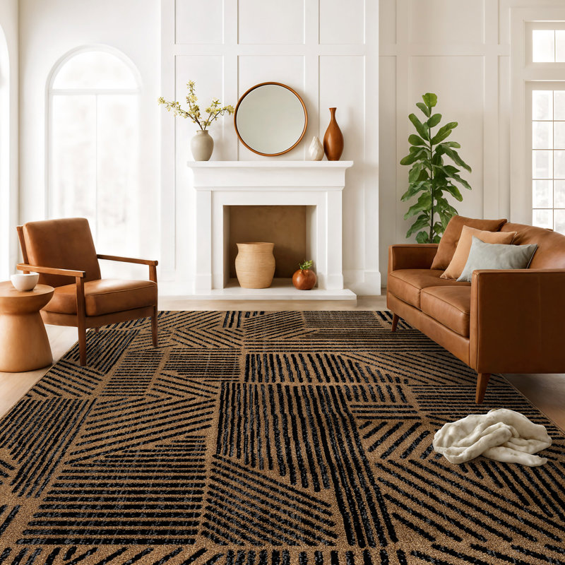 Rambo Geometric Black/Ivory Area Rug, Rectangle 5' x 7', Jute
