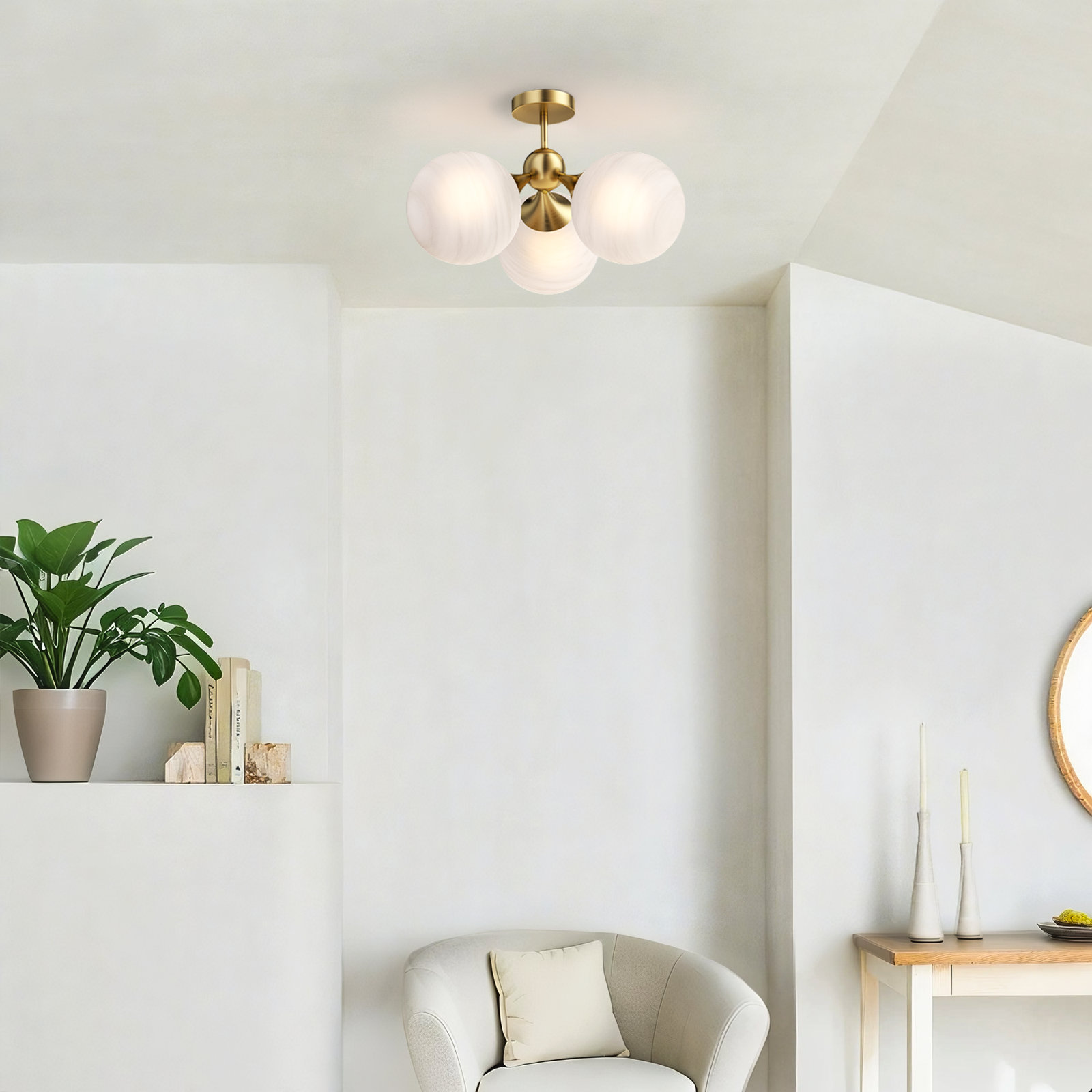 21"-3 Lights Modern Cloud Glass  Globe  Semi Flush Mount Lighting Fixture For Living Room, Bedroom, Brushed Brass