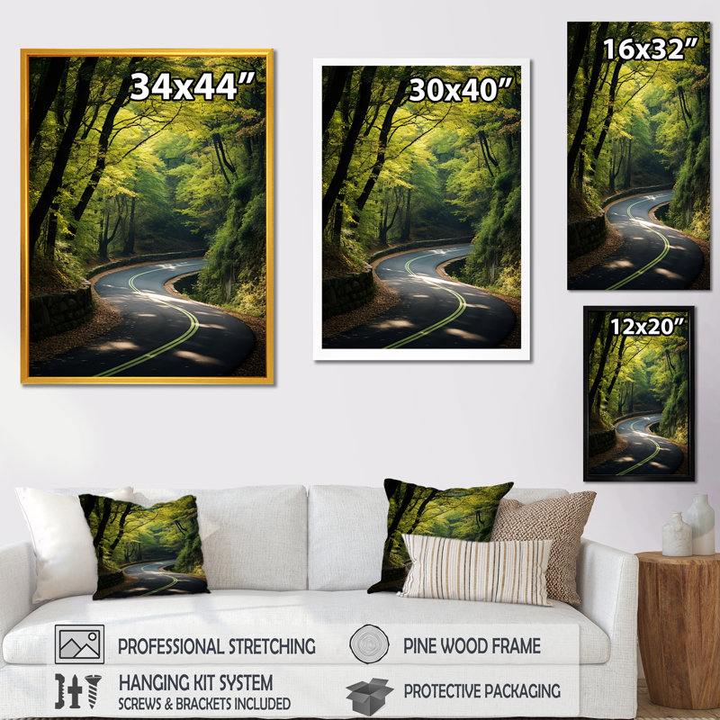 Route verte dans la forêt III - art mural route, H 40 po x l 30 po x P 1,5 po, Cadre doré simple