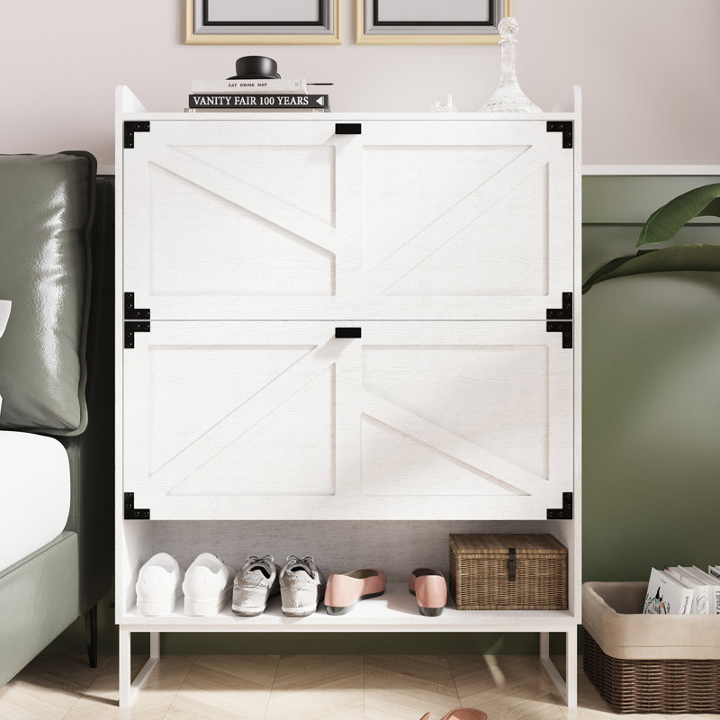 Armoire de rangement à chaussures blanche avec 2 tiroirs rabattables à thème, blanc, style autoportant, facile à installer