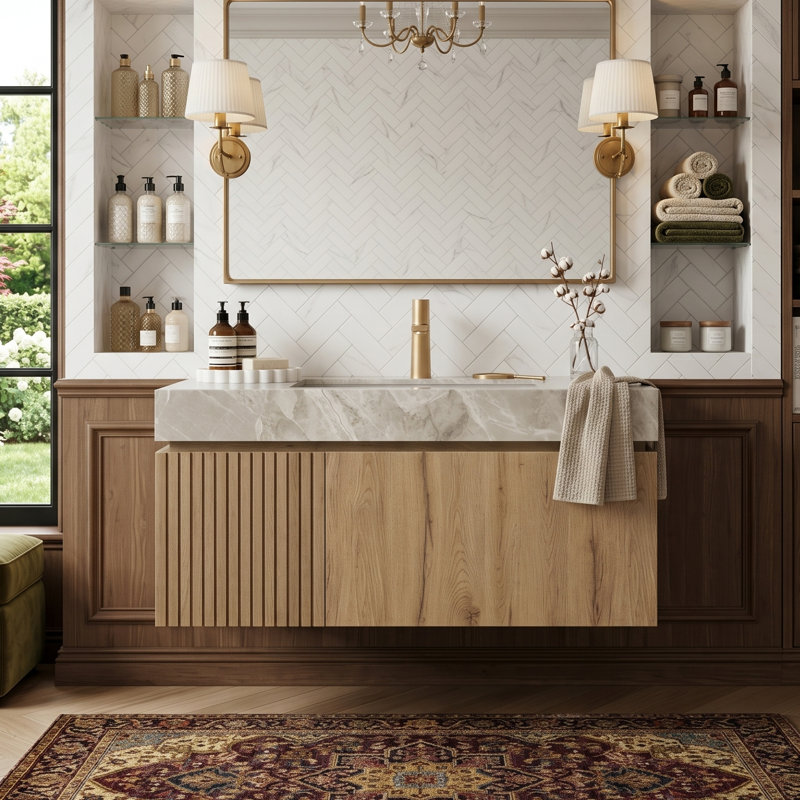 Meuble-lavabo mural 36 po avec comptoir en pierre frittée et lavabo en céramique, armoire de rangement avec 1 tiroir et porte à fermeture en douceur