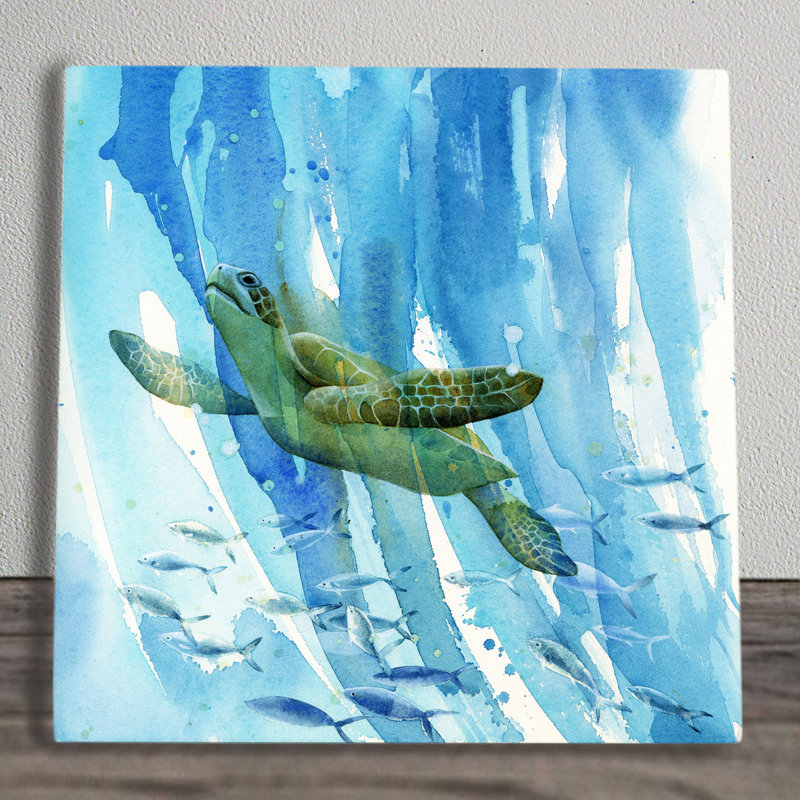 P. Stone Turtle Swimming Ceramic Wall Décor 20cm x 20cm