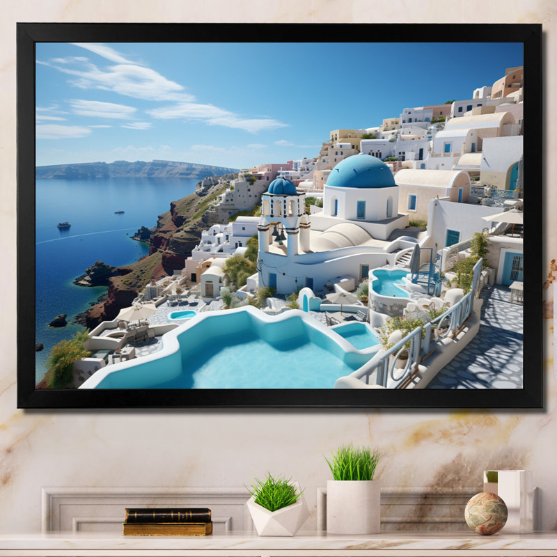 Grèce «Santorini Dreams I», art mural grand de Grèce, Cadre simple noir, H 12 po x l 20 po x P 1 po