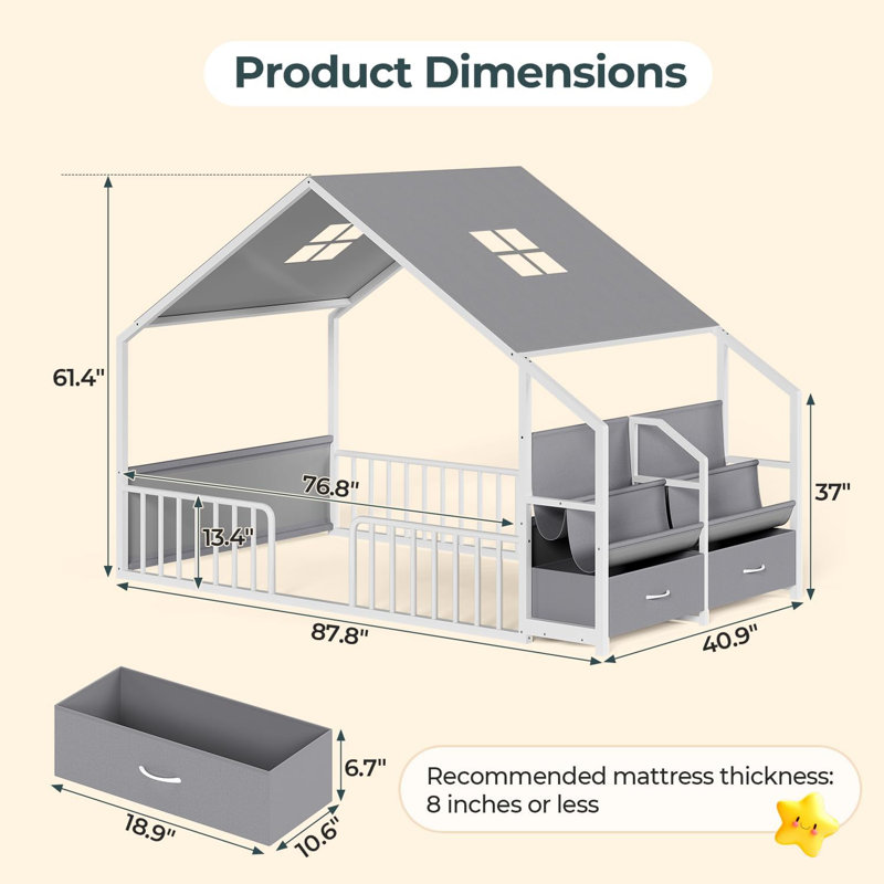 Twin Size Metal House Bed with Roof Windows & Gray Canopy, Floor Bed with Guardrails, Shelves & Drawers in White Frame, White
