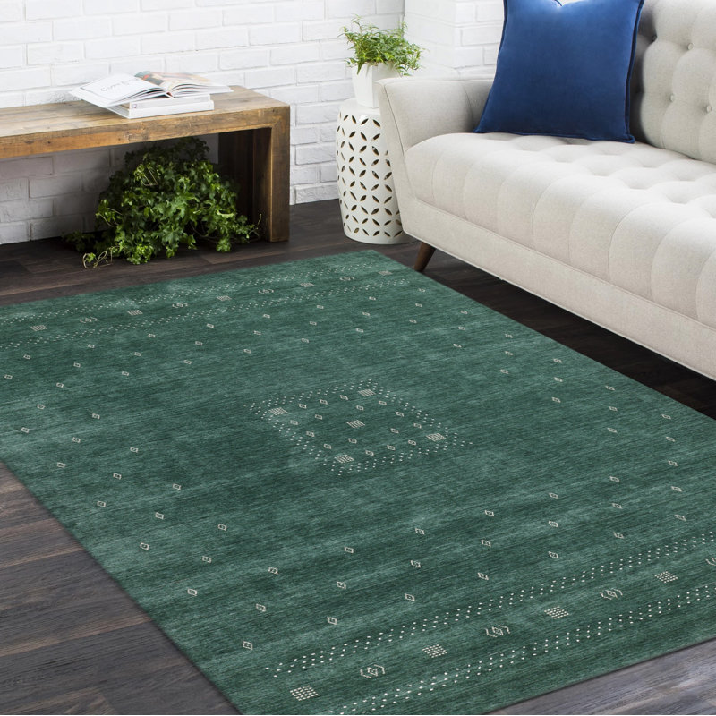 Simi Hand Knotted Cotton/Wool Southwestern Area Rug, Green, Rectangle 5' x 8'