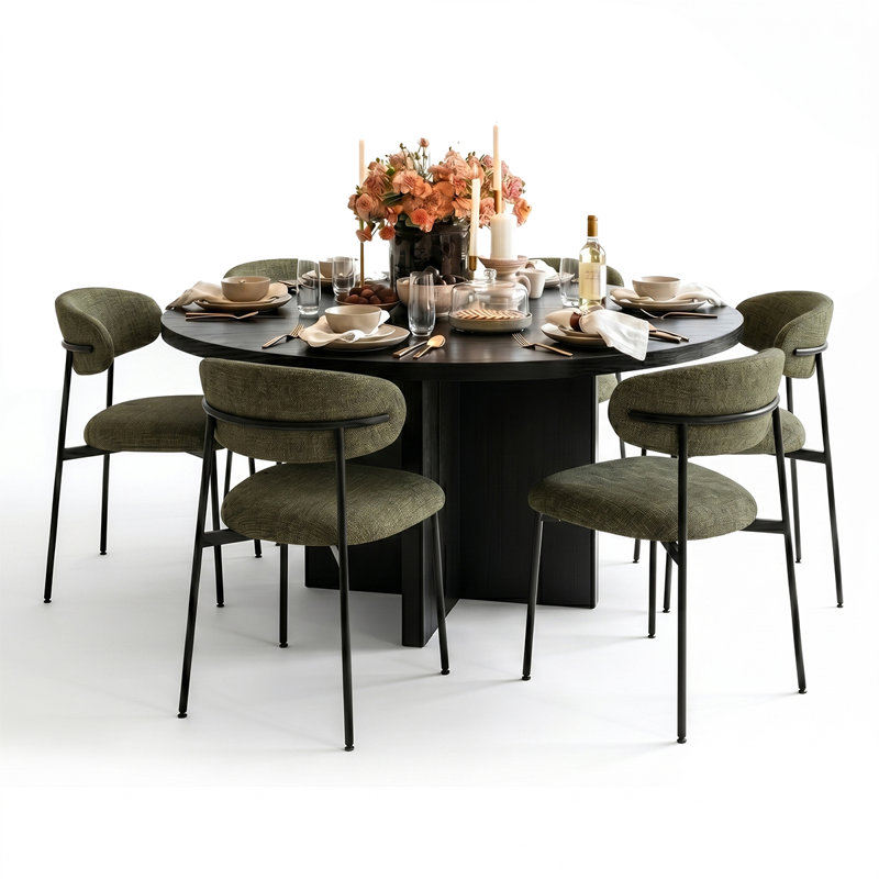 Modern 7-Piece Round Dining Set With Pedestal Base Table And Upholstered Curved Back Chairs, Green